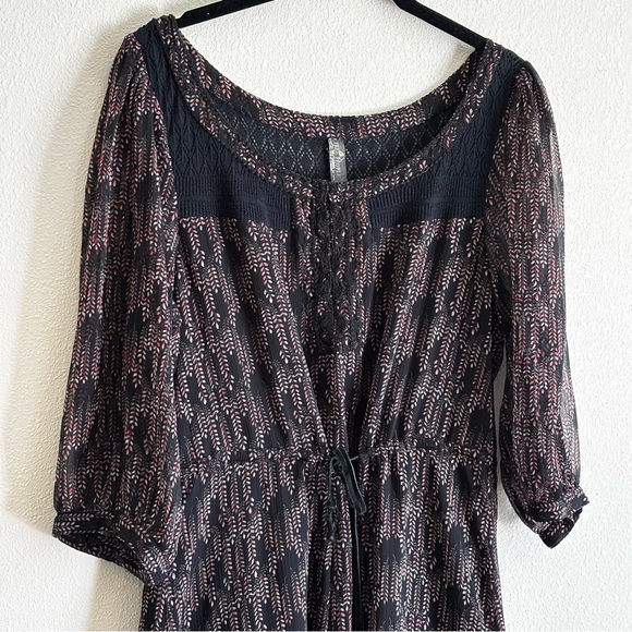 Free People Women's Black Lace Mini Dress SZ M Leather Tie 3/4 Sleeve - Picture 2 of 12
